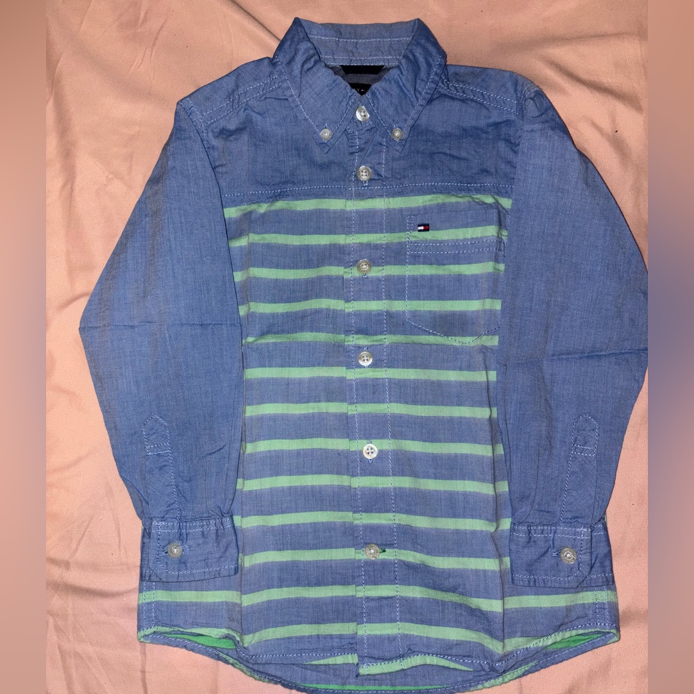 Tommy Hilfiger Blue and Green Striped Button Down Shirt